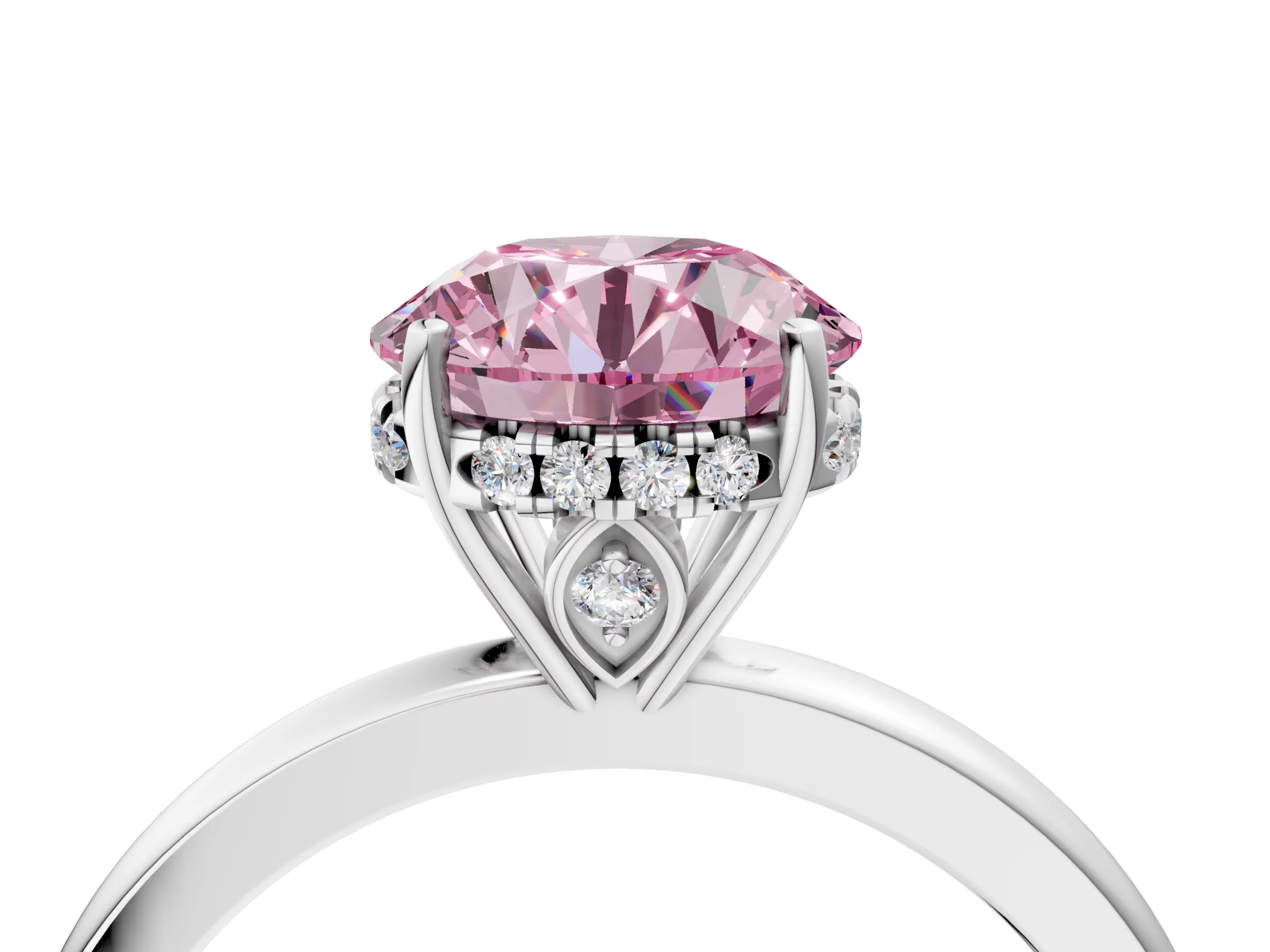 White gold Fancy Pink Round Cut Solitaire Diamond Ring with Prong Setting and Plain Band_16