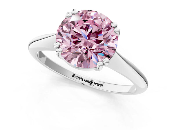 White gold Fancy Pink Round Cut Solitaire Diamond Ring with Six-Prong Setting and Classic Band