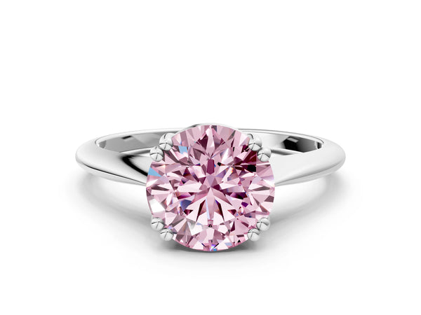 White gold Fancy Pink Round Cut Solitaire Diamond Ring with Six-Prong Setting and Classic Band