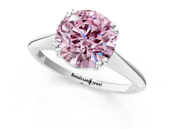 White gold Fancy Pink Round Cut Solitaire Diamond Ring with Six-Prong Setting and Classic Band