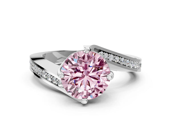 Platinum Fancy Pink Round Cut Solitaire Diamond Twist Band with Pavé Setting and Four-Prong Setting