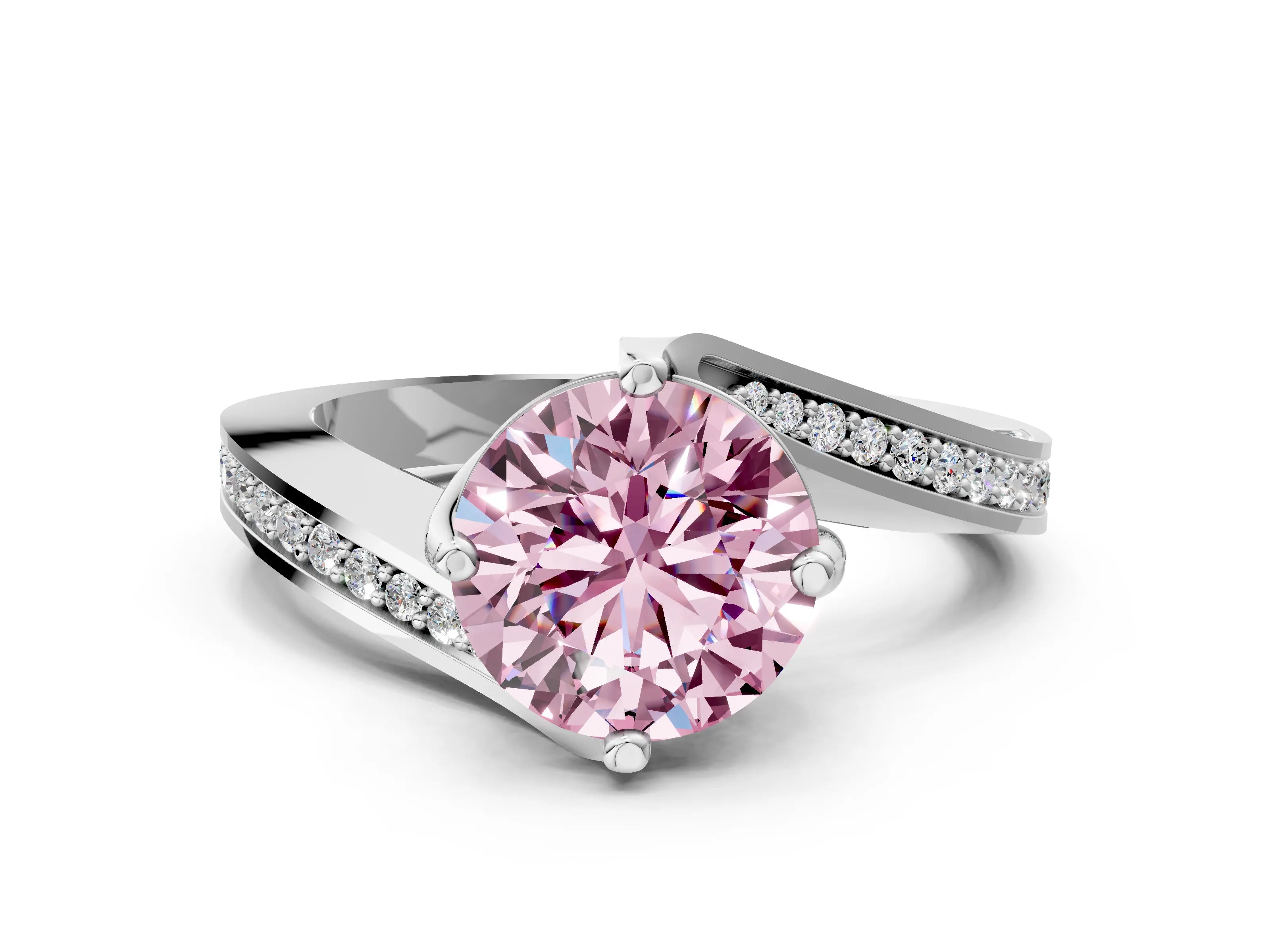 White gold Fancy Pink Round Cut Solitaire Diamond Twist Band with Pavé Setting and Four-Prong Setting_12