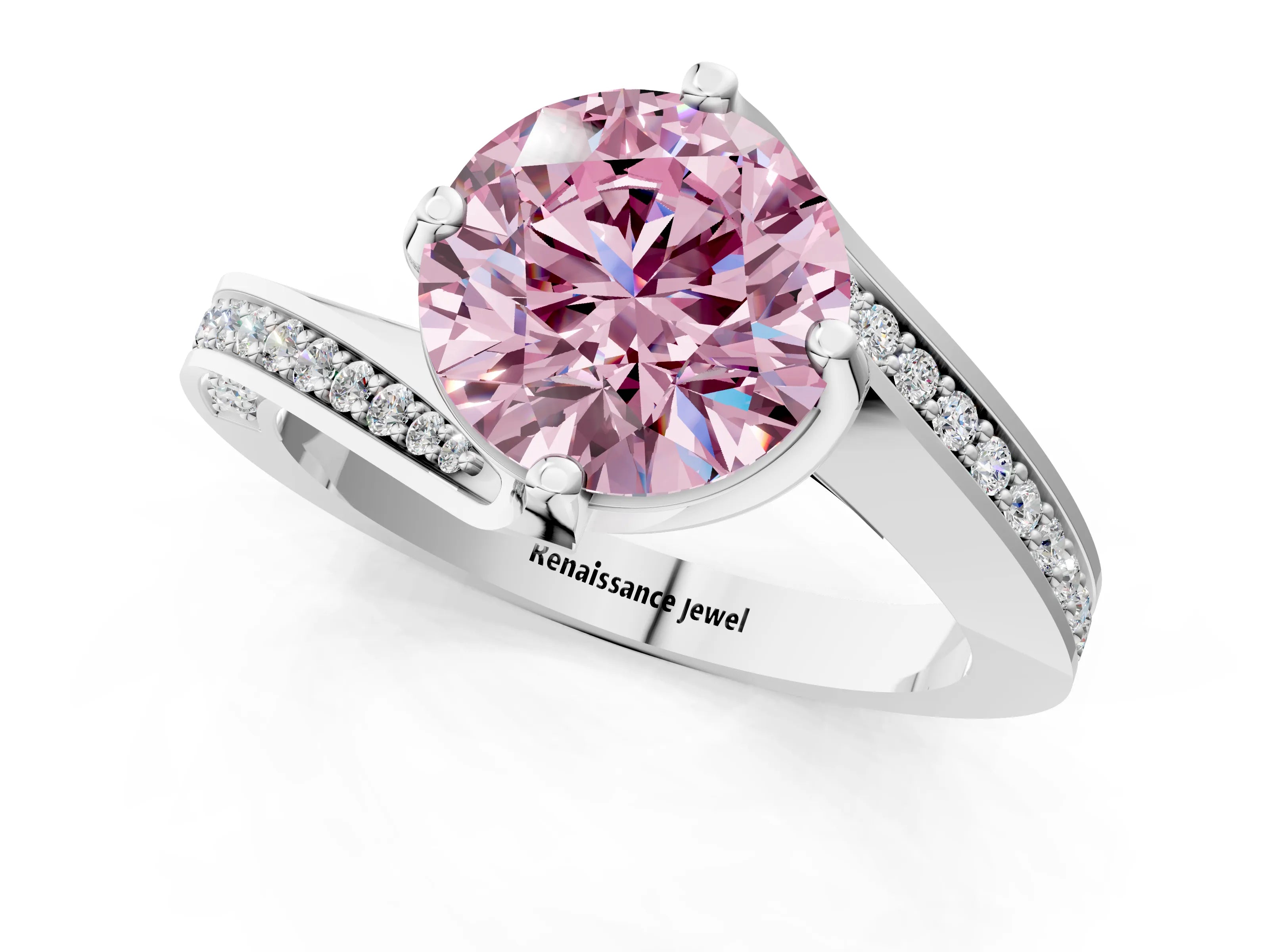 White gold Fancy Pink Round Cut Solitaire Diamond Twist Band with Pavé Setting and Four-Prong Setting_13