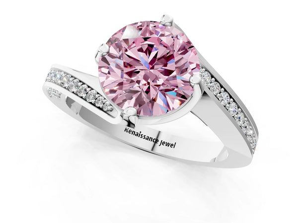Platinum Fancy Pink Round Cut Solitaire Diamond Twist Band with Pavé Setting and Four-Prong Setting