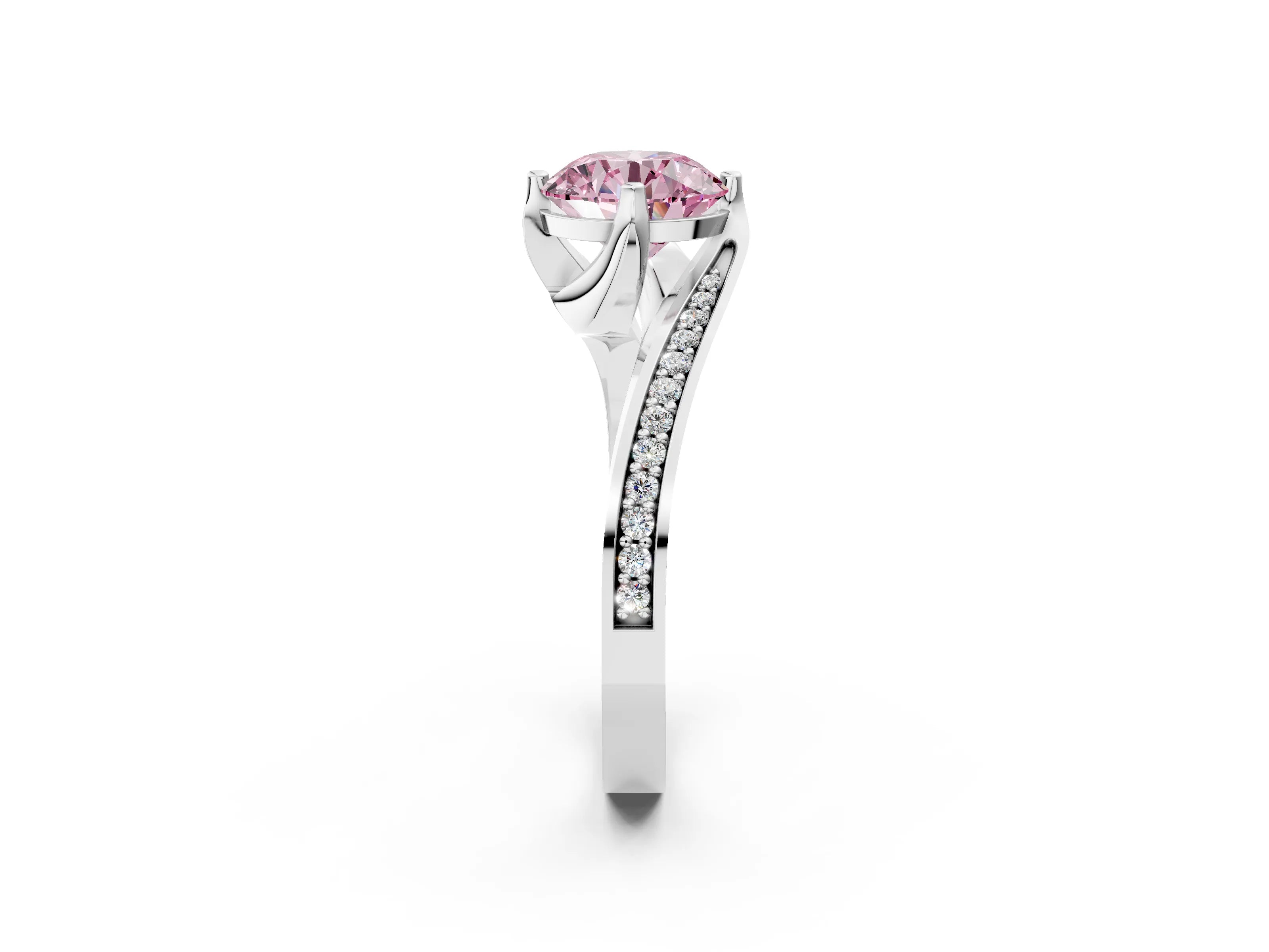 White gold Fancy Pink Round Cut Solitaire Diamond Twist Band with Pavé Setting and Four-Prong Setting_14