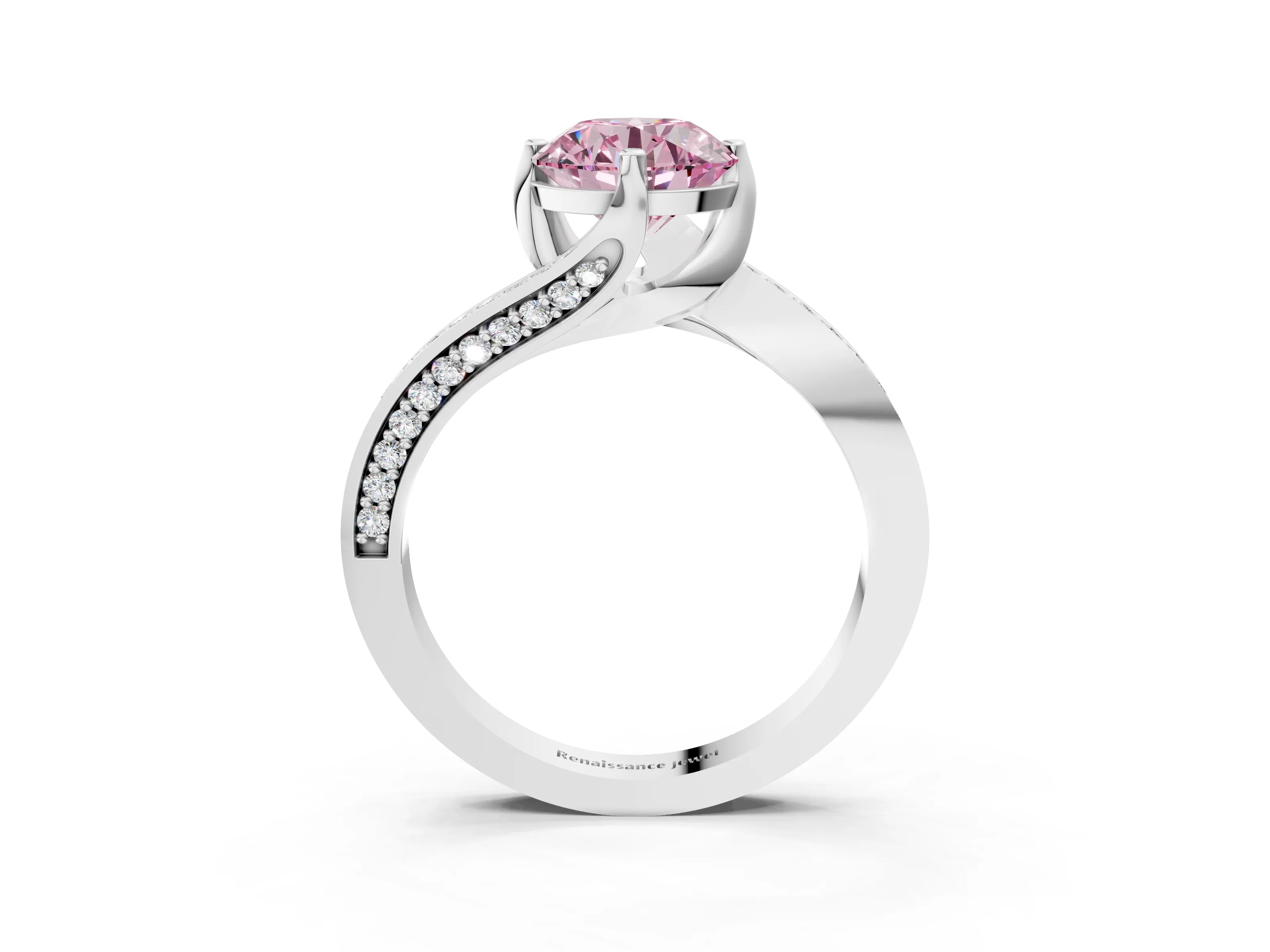 White gold Fancy Pink Round Cut Solitaire Diamond Twist Band with Pavé Setting and Four-Prong Setting_15