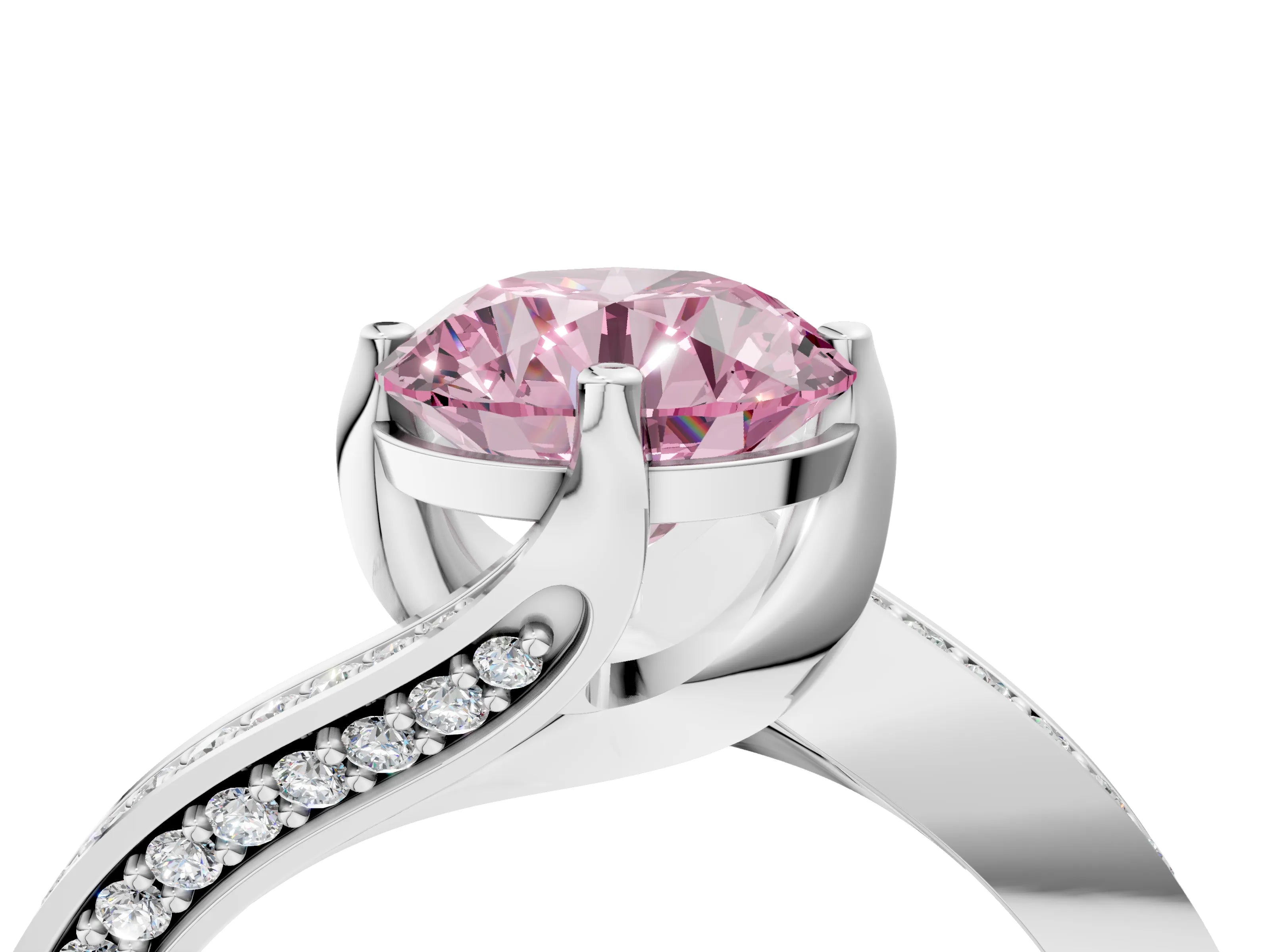 White gold Fancy Pink Round Cut Solitaire Diamond Twist Band with Pavé Setting and Four-Prong Setting_16