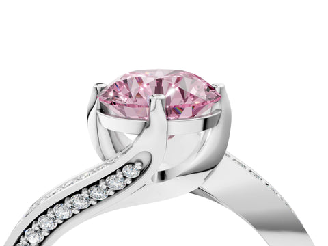 White gold Fancy Pink Round Cut Solitaire Diamond Twist Band with Pavé Setting and Four-Prong Setting_16