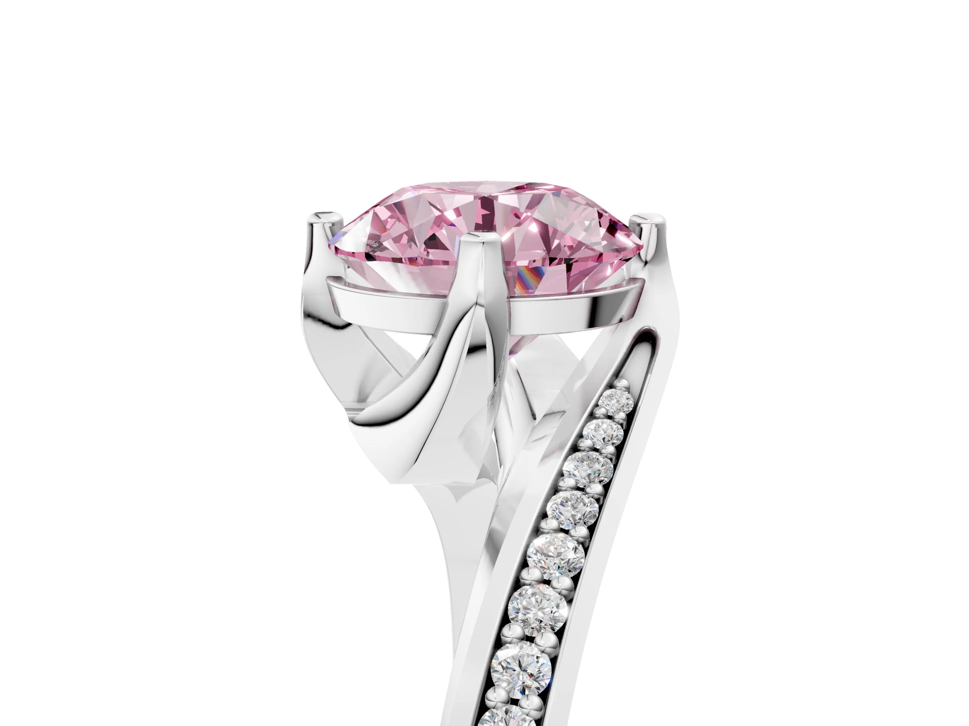 White gold Fancy Pink Round Cut Solitaire Diamond Twist Band with Pavé Setting and Four-Prong Setting_17