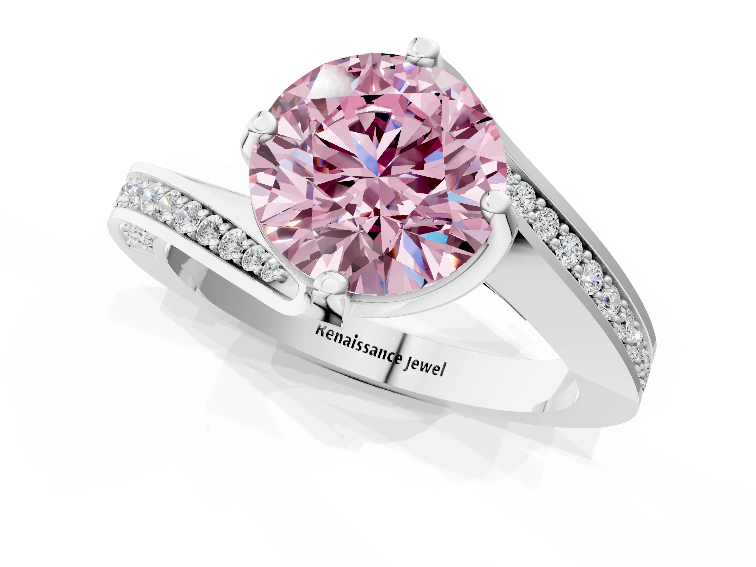 White gold Fancy Pink Round Cut Solitaire Diamond Twist Band with Pavé Setting and Four-Prong Setting_1