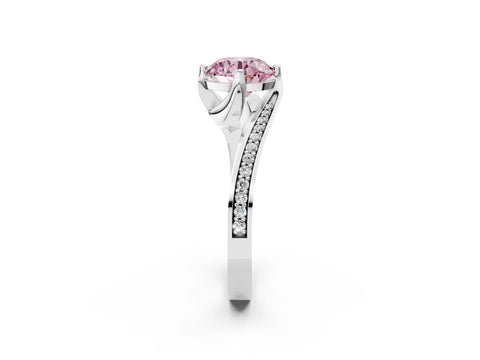 White gold Fancy Pink Round Cut Solitaire Diamond Twist Band with Pavé Setting and Four-Prong Setting_2