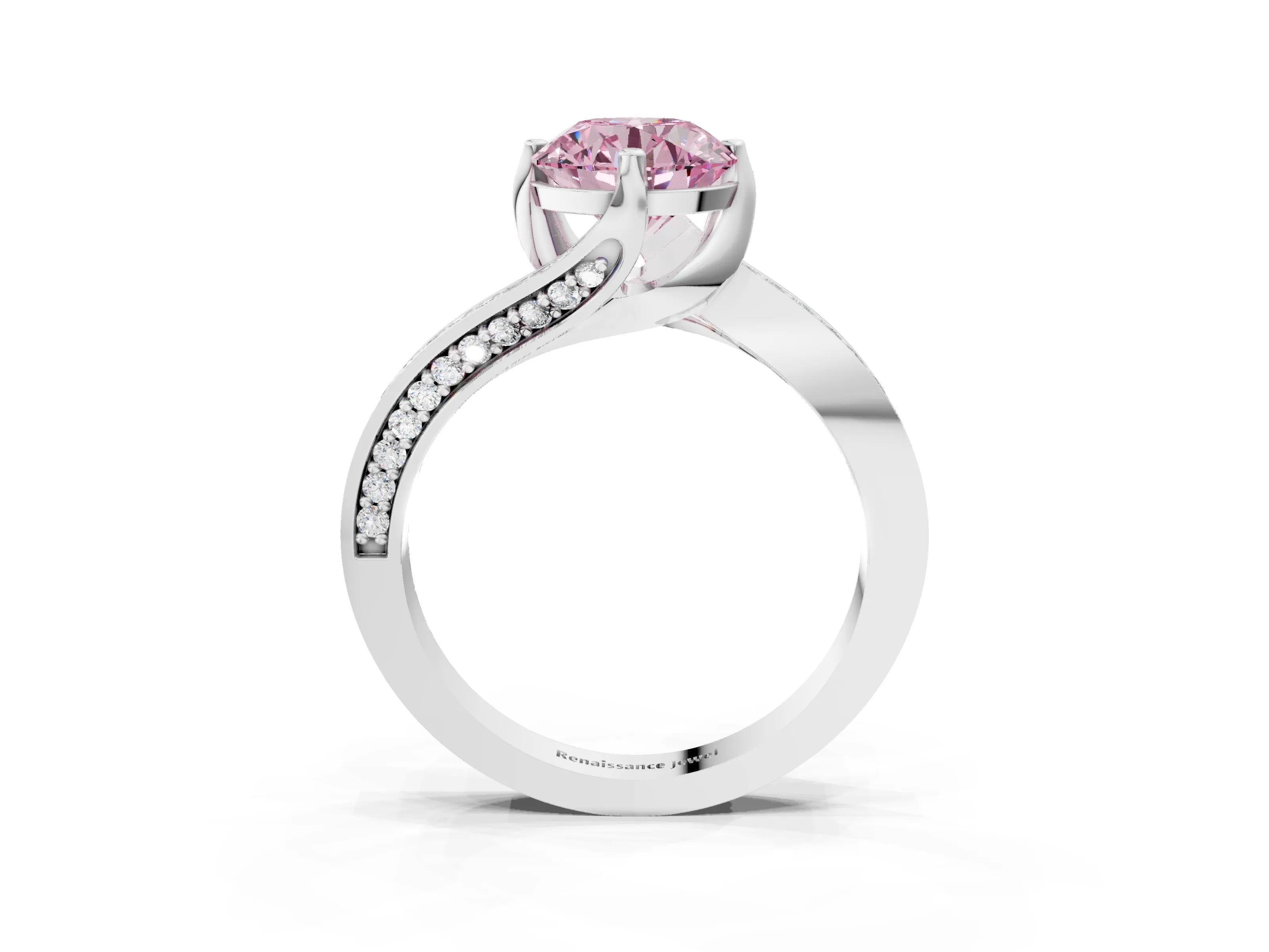 White gold Fancy Pink Round Cut Solitaire Diamond Twist Band with Pavé Setting and Four-Prong Setting_3