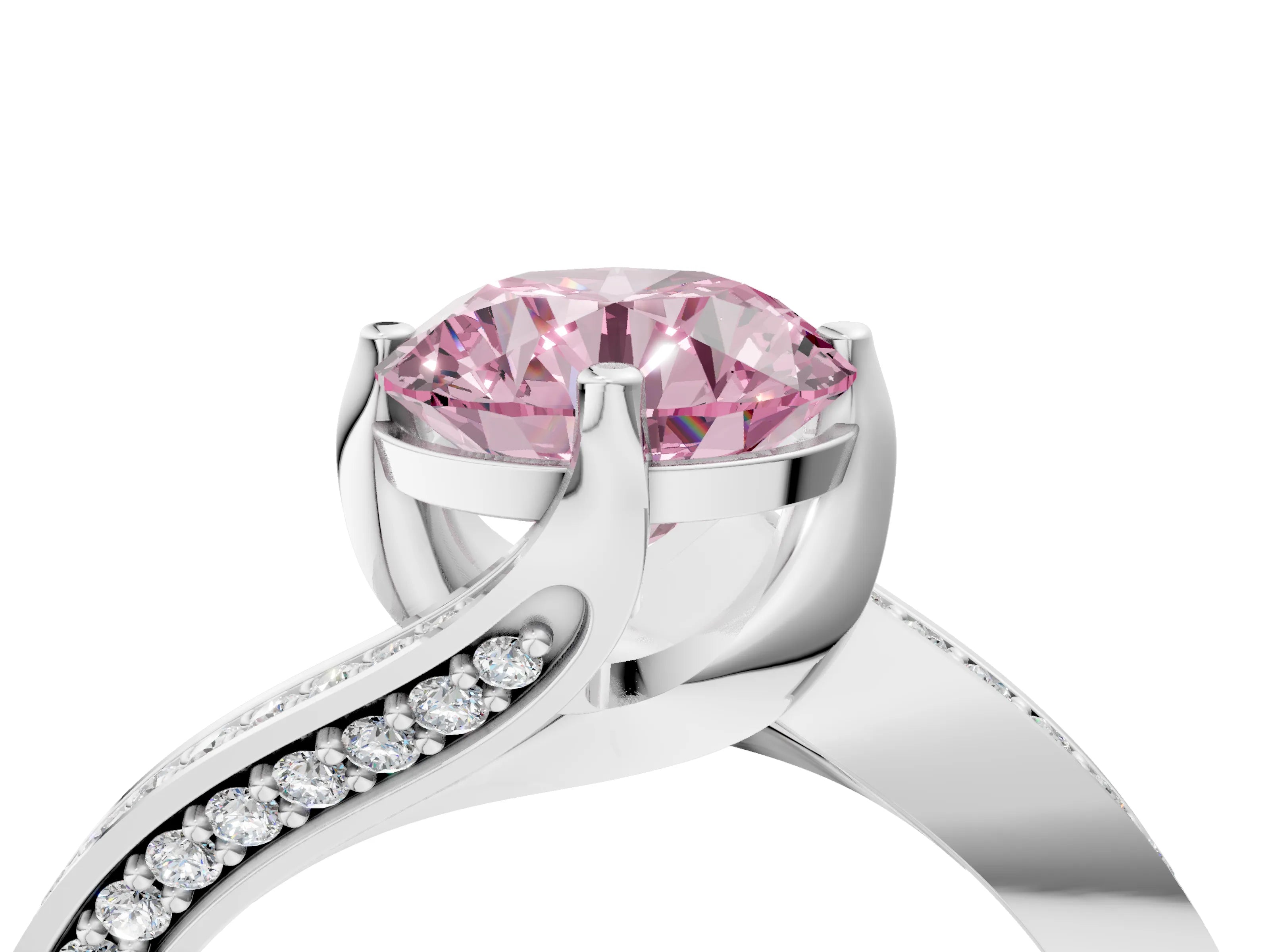 White gold Fancy Pink Round Cut Solitaire Diamond Twist Band with Pavé Setting and Four-Prong Setting_4