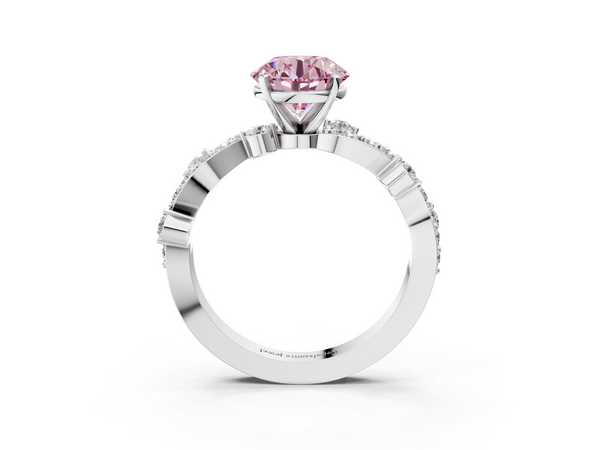 White gold Fancy Pink Round  Cut Solitaire Diamond Twisted Band with Pave Setting