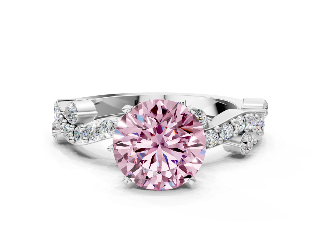 White gold Fancy Pink Round  Cut Solitaire Diamond Twisted Band with Pave Setting