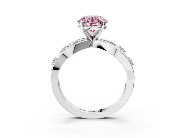 Platinum Fancy Pink Round  Cut Solitaire Diamond with Side Stones on Criss-Cross Band and Four-Prong Setting