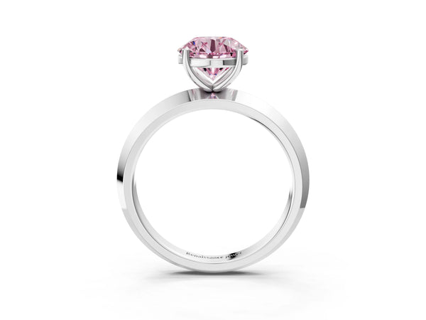 White gold Fancy Pink Round  Cut Solitaire Engagement Ring with Flat Band and Four-Prong Setting