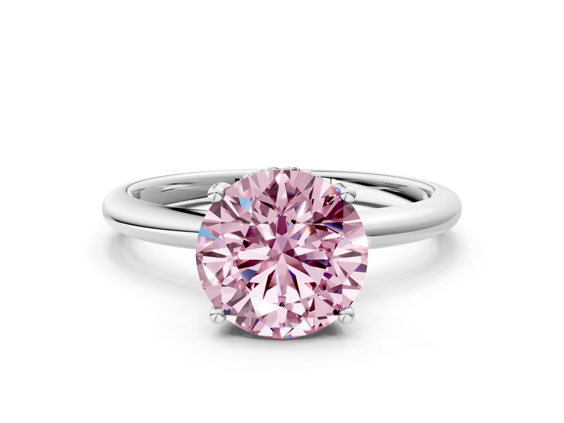White gold Fancy Pink Round  Cut Solitaire Engagement Ring with Four-Prong Setting and Classic Band