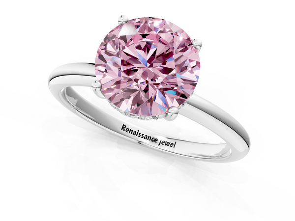 White gold Fancy Pink Round  Cut Solitaire Engagement Ring with Four-Prong Setting and Classic Band