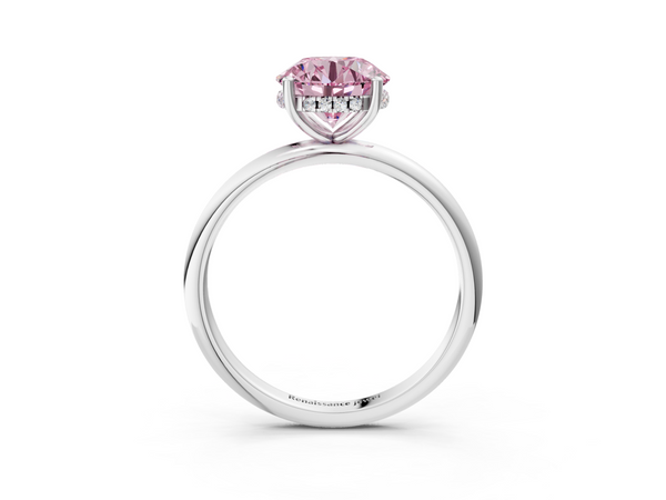 White gold Fancy Pink Round  Cut Solitaire Engagement Ring with Four-Prong Setting and Classic Band