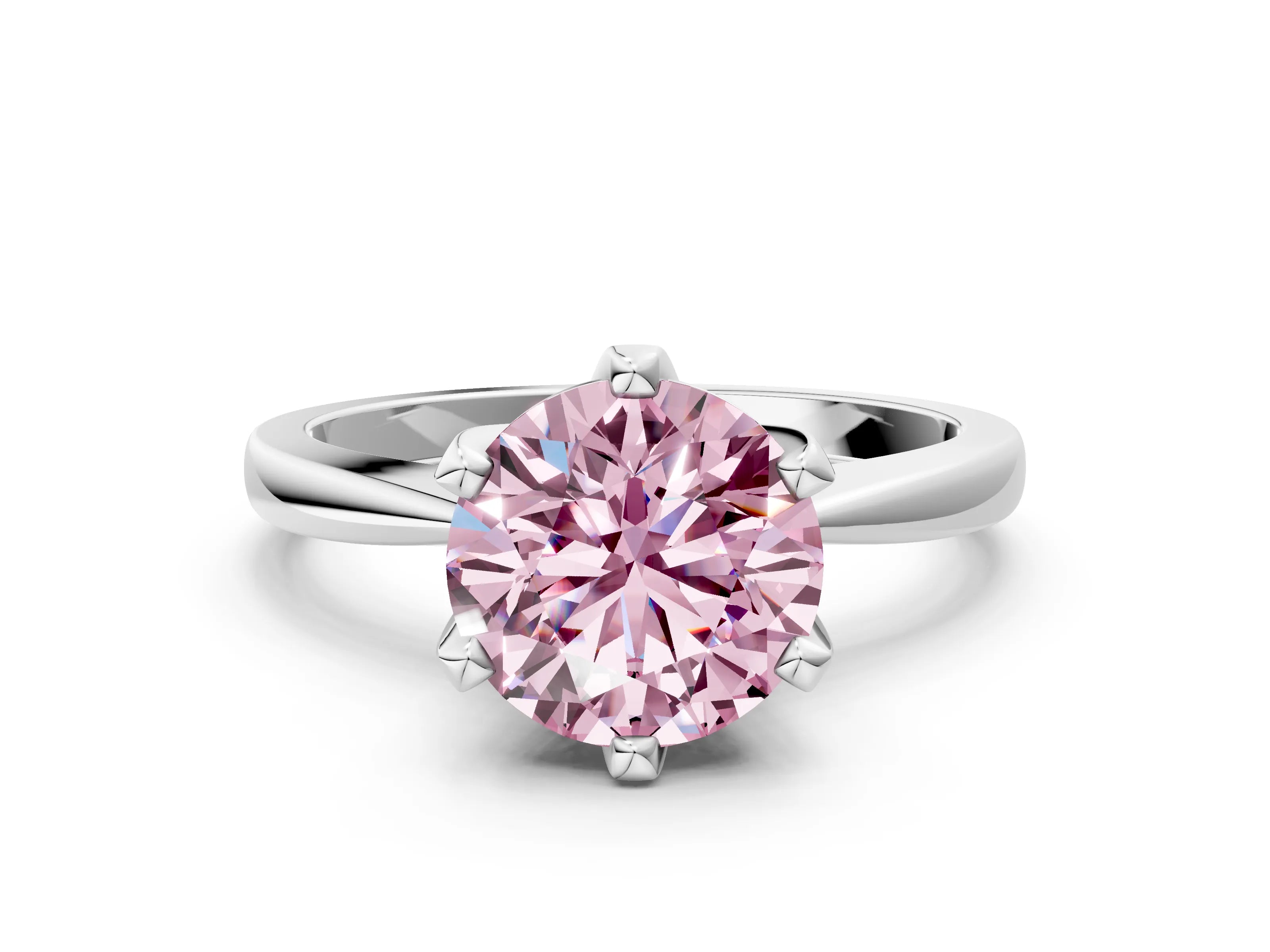 White gold Fancy Pink Round Cut Solitaire Engagement Ring with Six-Prong Setting and Tapered Band