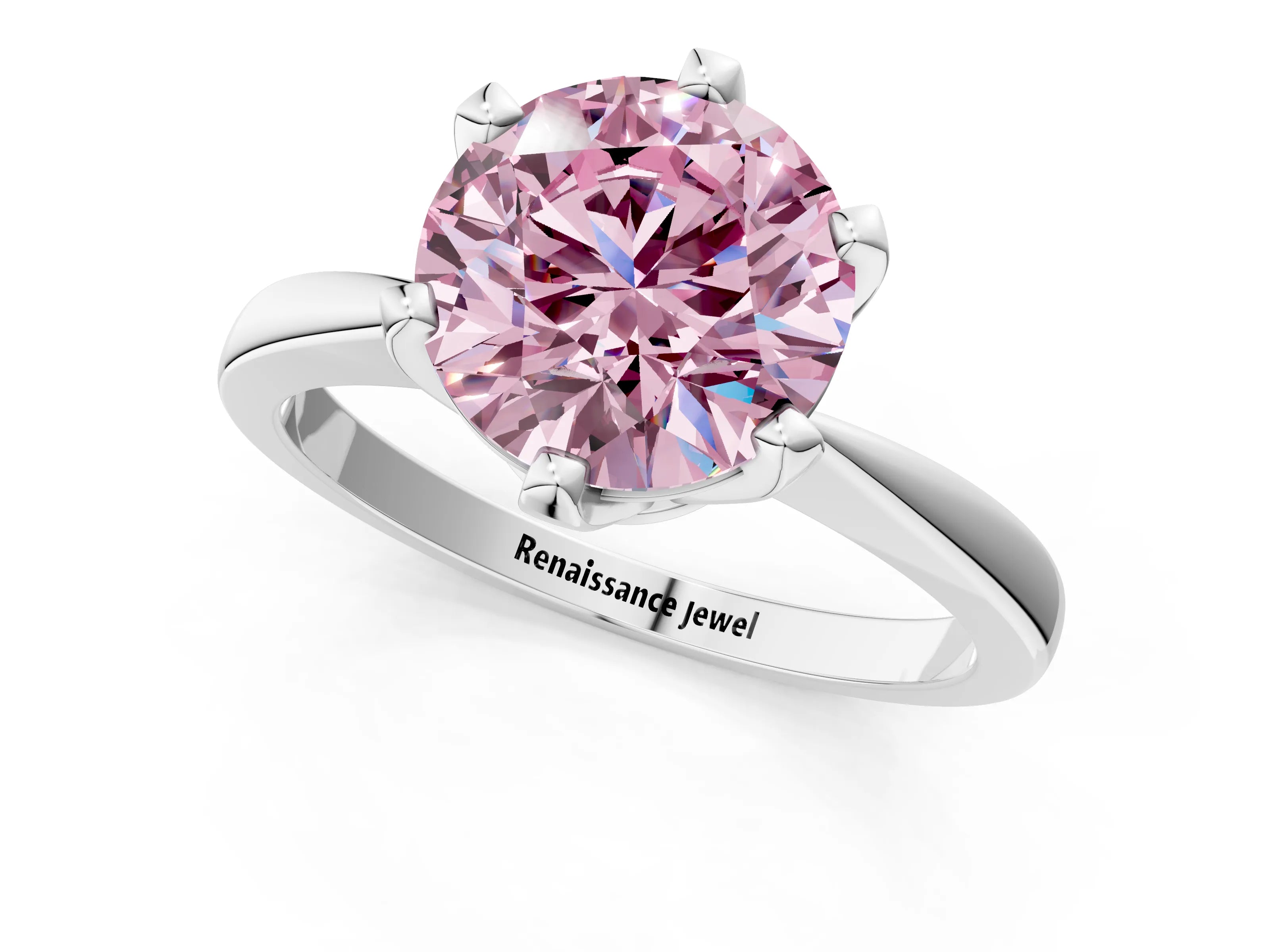 White gold Fancy Pink Round Cut Solitaire Engagement Ring with Six-Prong Setting and Tapered Band_1