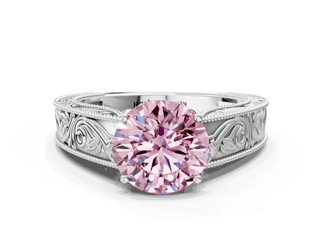 White gold Fancy Pink Round  Cut Solitaire Engraved Band with Four-Prong Setting