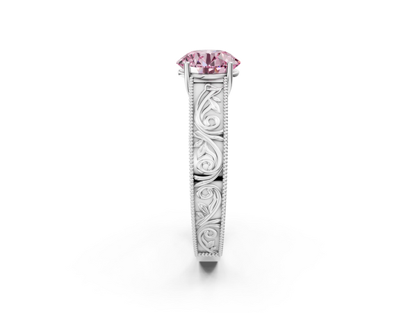 Platinum Fancy Pink Round Cut Diamond Solitaire Ring with Engraved Band and Four-Prong Setting