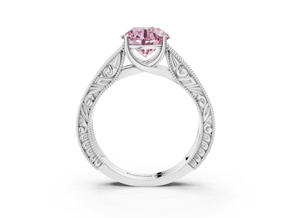 Platinum Fancy Pink Round Cut Diamond Solitaire Ring with Engraved Band and Four-Prong Setting