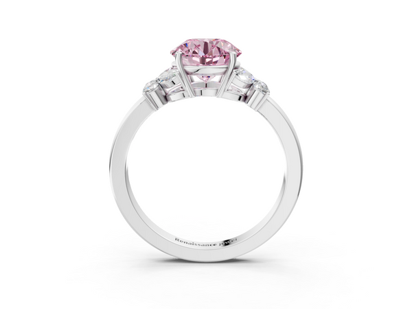 White gold Fancy Pink Round  Cut Solitaire Floral Diamond Ring with Four-Prong Setting