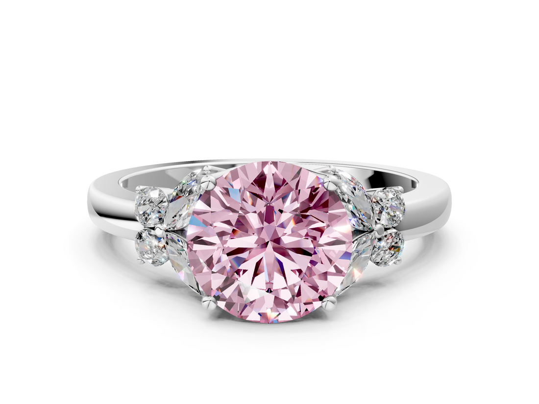 White gold Fancy Pink Round  Cut Solitaire Floral Diamond Ring with Four-Prong Setting