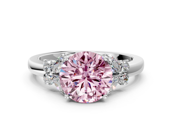 White gold Fancy Pink Round  Cut Solitaire Floral Diamond Ring with Four-Prong Setting