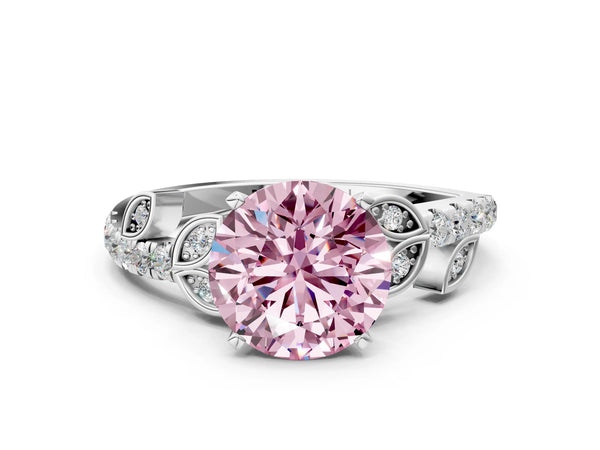Platinum Fancy Pink Round Cut Solitaire Leaf-Inspired Diamond Ring with Pavé Band and Four-Prong Setting