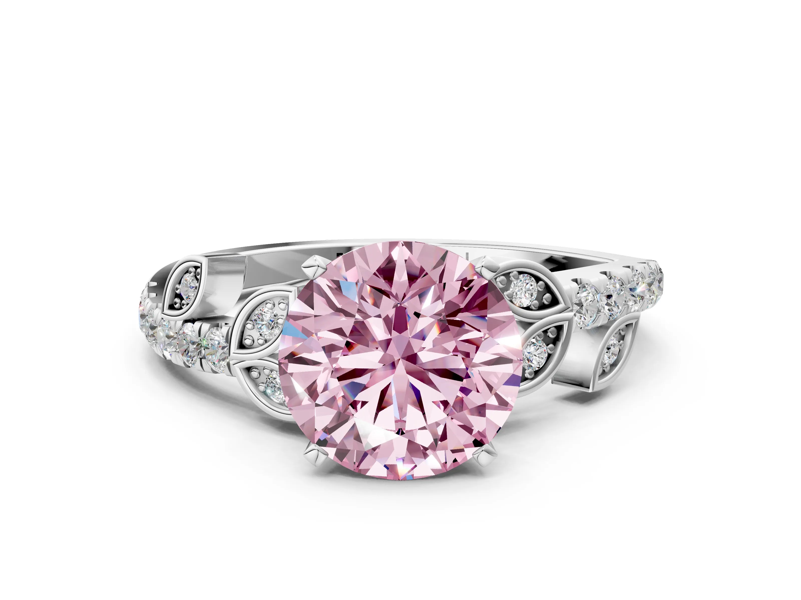 White gold Fancy Pink Round Cut Solitaire Leaf-Inspired Diamond Ring with Pavé Band and Four-Prong Setting_12