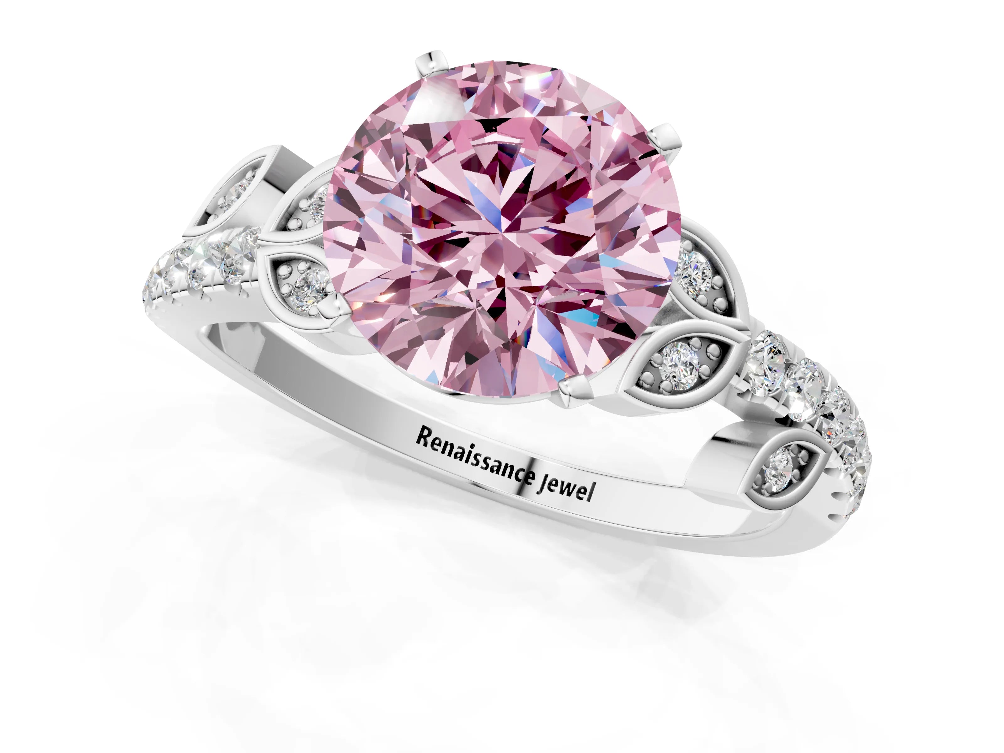 White gold Fancy Pink Round Cut Solitaire Leaf-Inspired Diamond Ring with Pavé Band and Four-Prong Setting_13