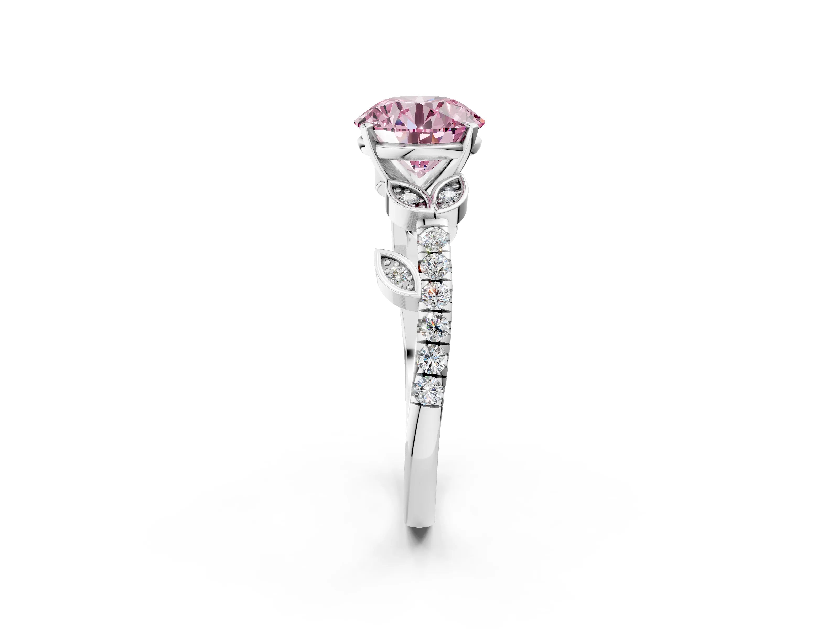 White gold Fancy Pink Round Cut Solitaire Leaf-Inspired Diamond Ring with Pavé Band and Four-Prong Setting_14