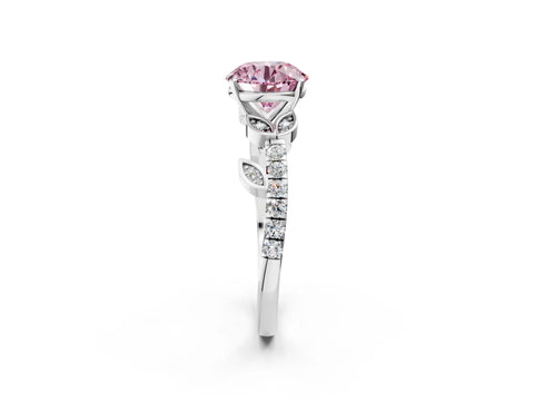 White gold Fancy Pink Round Cut Solitaire Leaf-Inspired Diamond Ring with Pavé Band and Four-Prong Setting_14