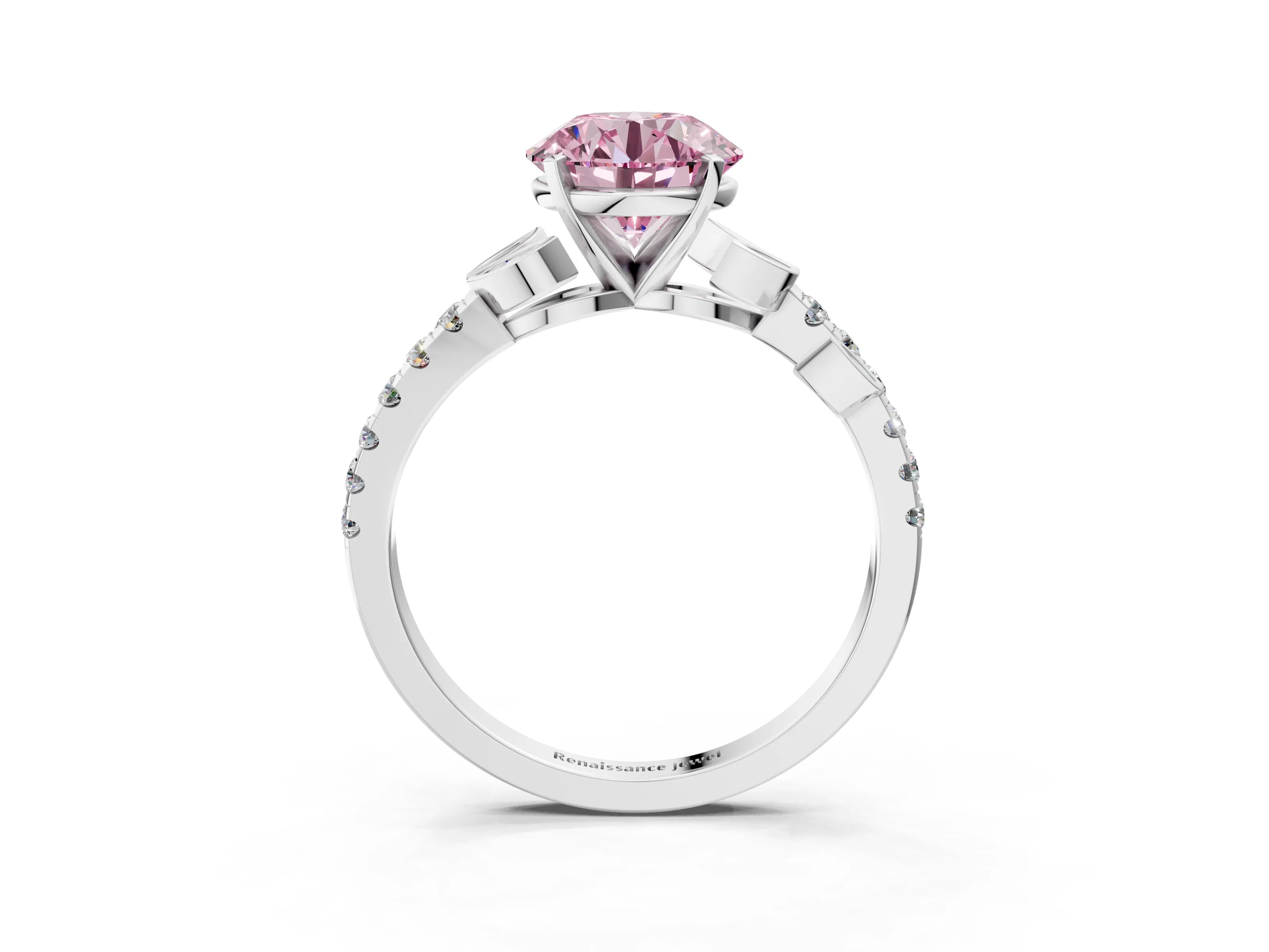 White gold Fancy Pink Round Cut Solitaire Leaf-Inspired Diamond Ring with Pavé Band and Four-Prong Setting_15