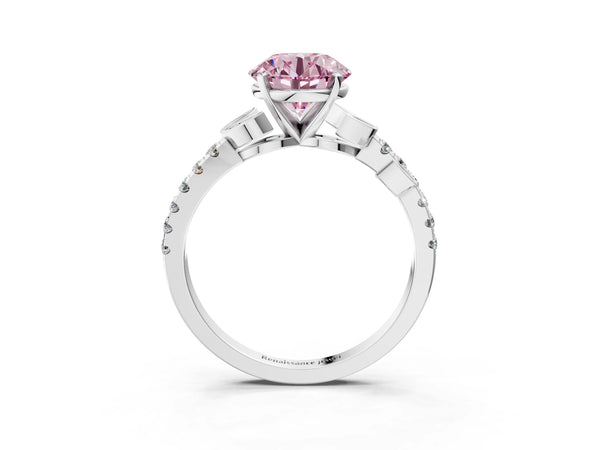 Platinum Fancy Pink Round Cut Solitaire Leaf-Inspired Diamond Ring with Pavé Band and Four-Prong Setting