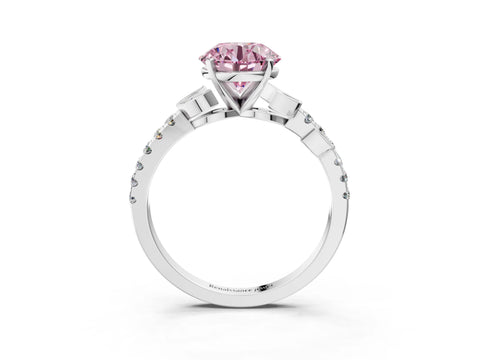 White gold Fancy Pink Round Cut Solitaire Leaf-Inspired Diamond Ring with Pavé Band and Four-Prong Setting_15