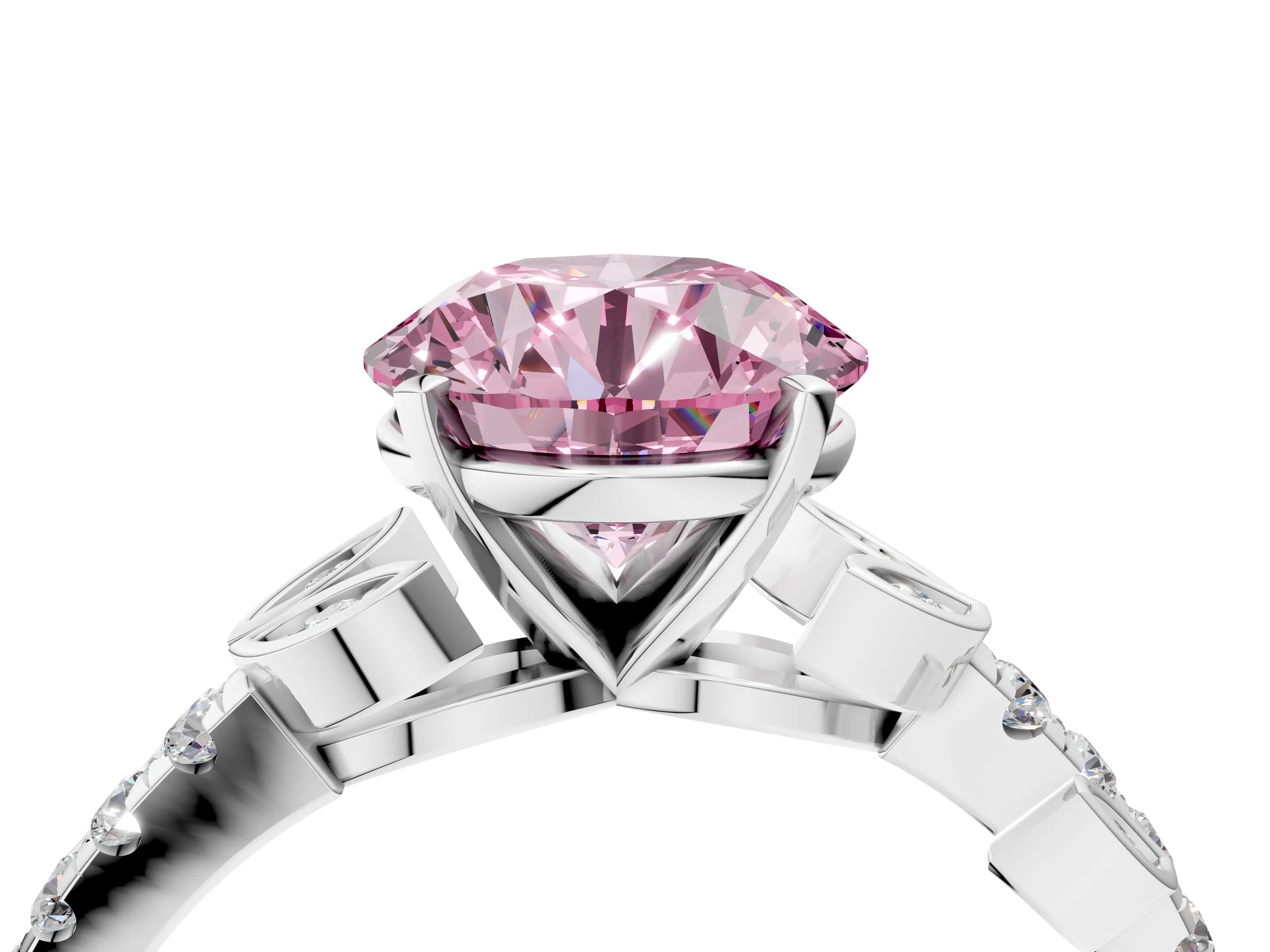 White gold Fancy Pink Round Cut Solitaire Leaf-Inspired Diamond Ring with Pavé Band and Four-Prong Setting_16