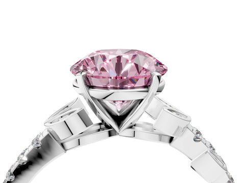 White gold Fancy Pink Round Cut Solitaire Leaf-Inspired Diamond Ring with Pavé Band and Four-Prong Setting_16