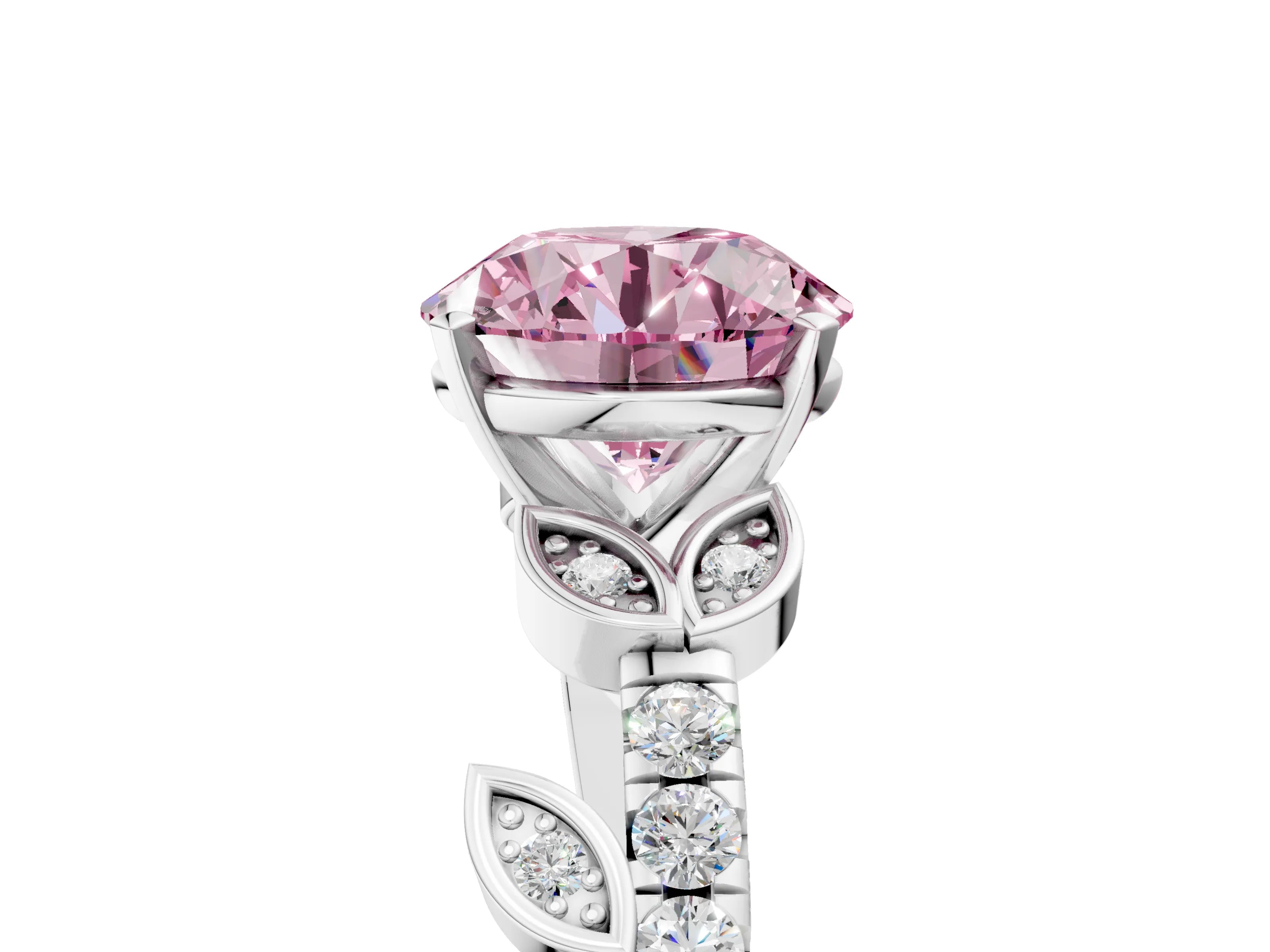 White gold Fancy Pink Round Cut Solitaire Leaf-Inspired Diamond Ring with Pavé Band and Four-Prong Setting_17