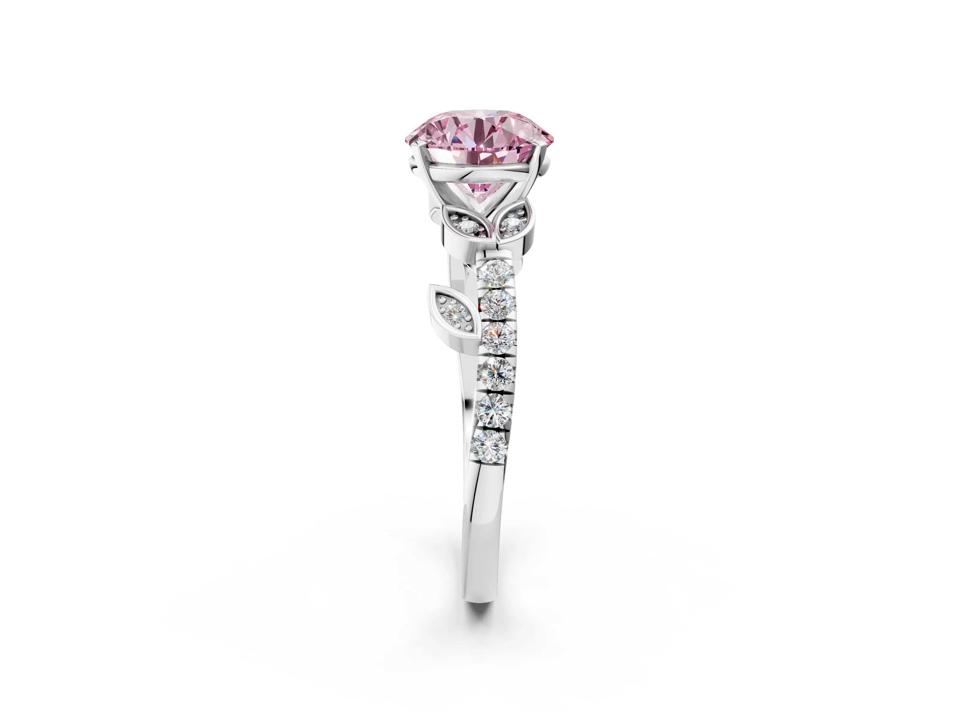 White gold Fancy Pink Round Cut Solitaire Leaf-Inspired Diamond Ring with Pavé Band and Four-Prong Setting_2