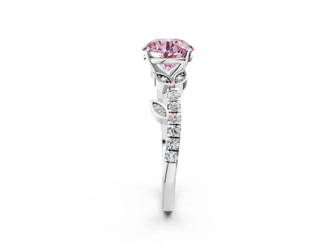 White gold Fancy Pink Round Cut Solitaire Leaf-Inspired Diamond Ring with Pavé Band and Four-Prong Setting_2