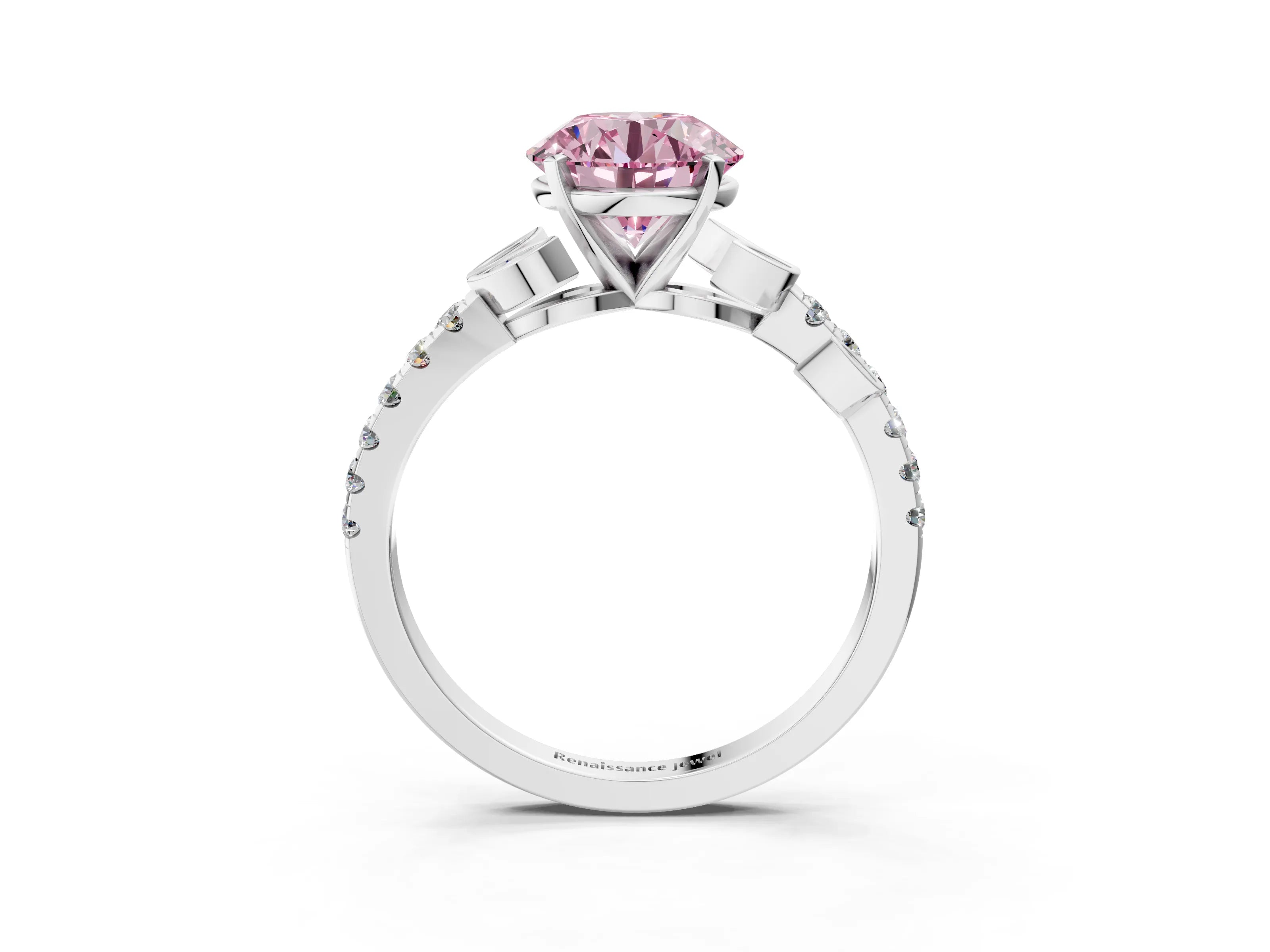 White gold Fancy Pink Round Cut Solitaire Leaf-Inspired Diamond Ring with Pavé Band and Four-Prong Setting_3