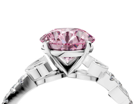 White gold Fancy Pink Round Cut Solitaire Leaf-Inspired Diamond Ring with Pavé Band and Four-Prong Setting_4