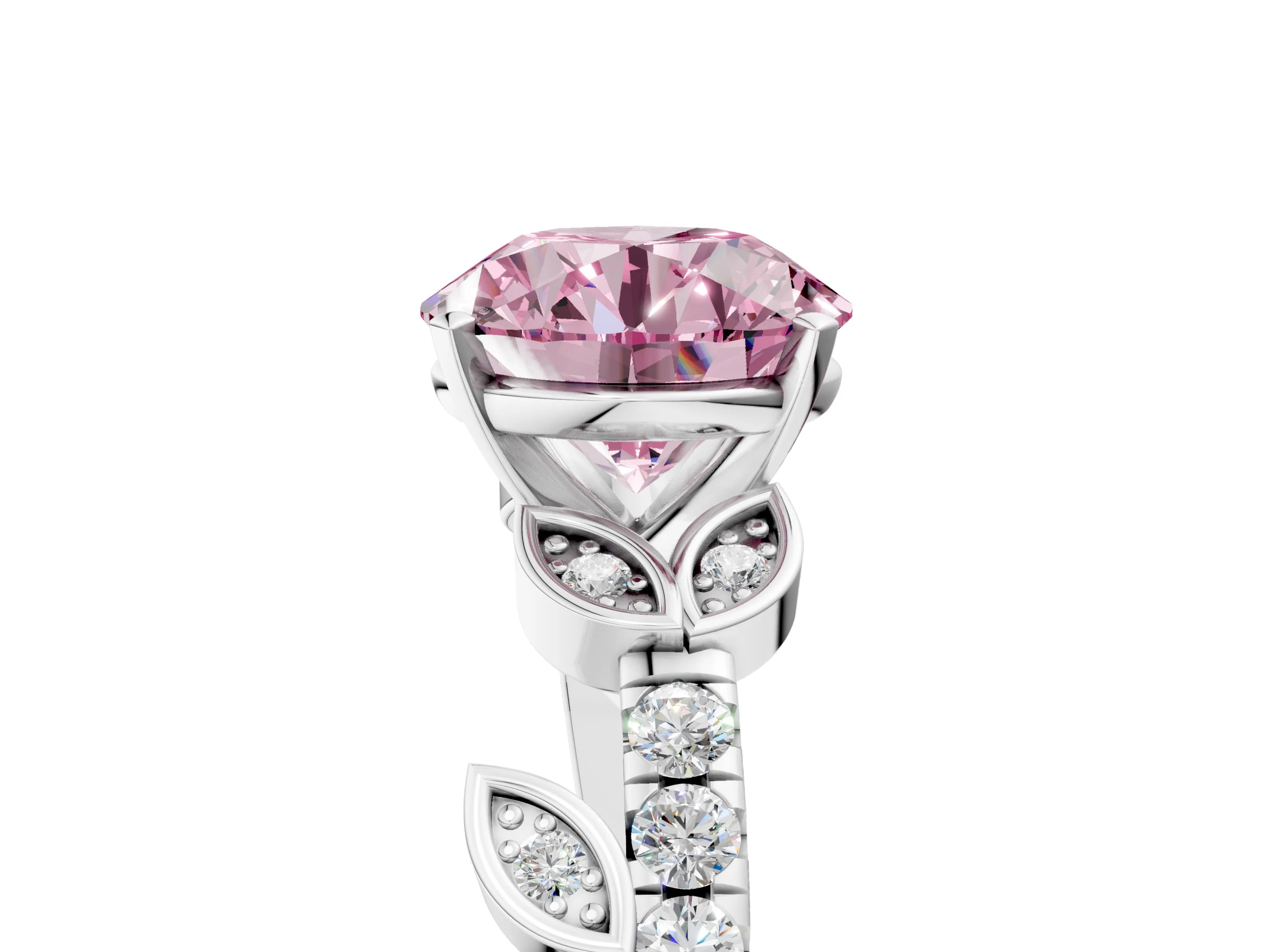 White gold Fancy Pink Round Cut Solitaire Leaf-Inspired Diamond Ring with Pavé Band and Four-Prong Setting_5