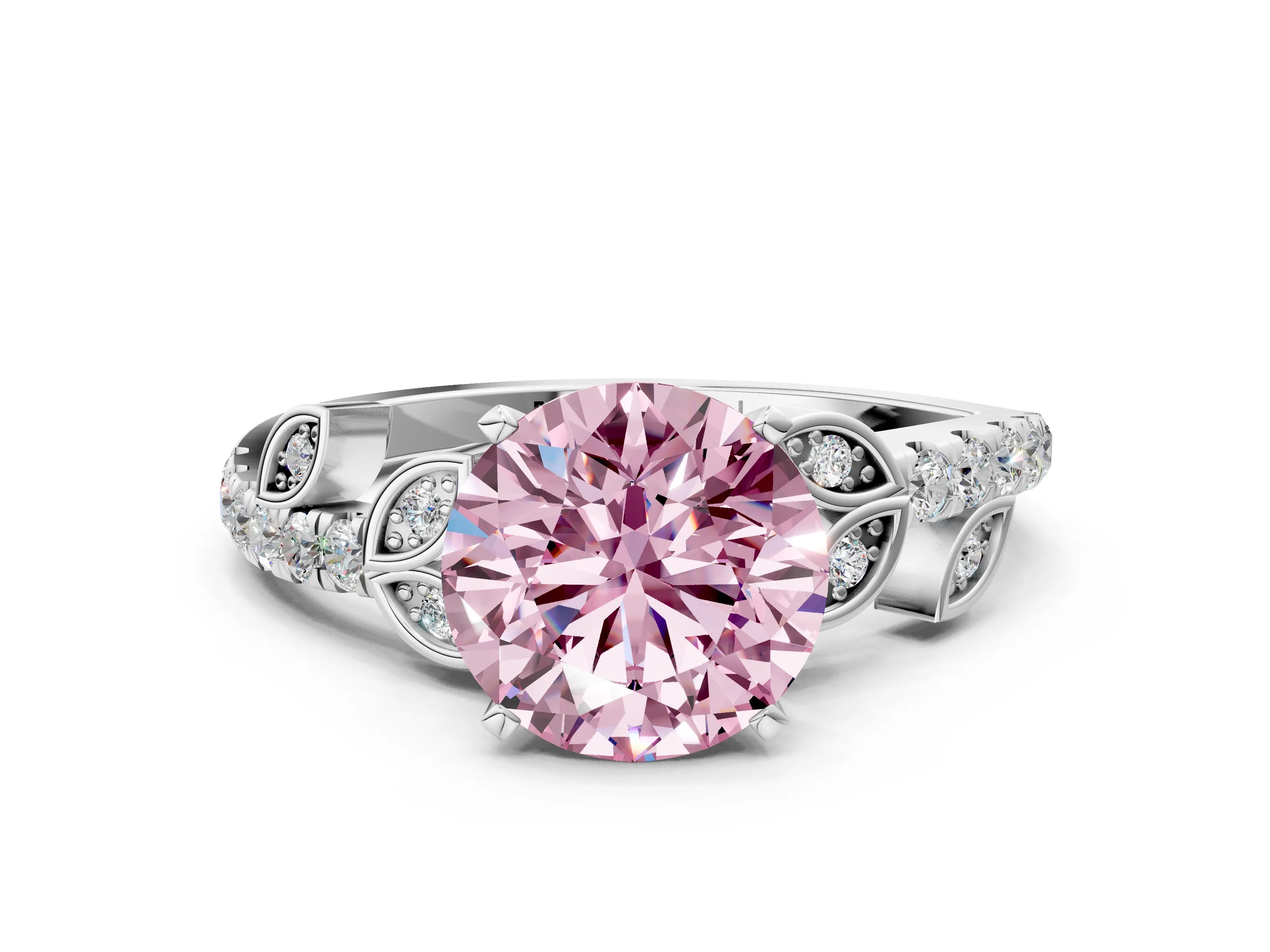 White gold Fancy Pink Round Cut Solitaire Leaf-Inspired Diamond Ring with Pavé Band and Four-Prong Setting