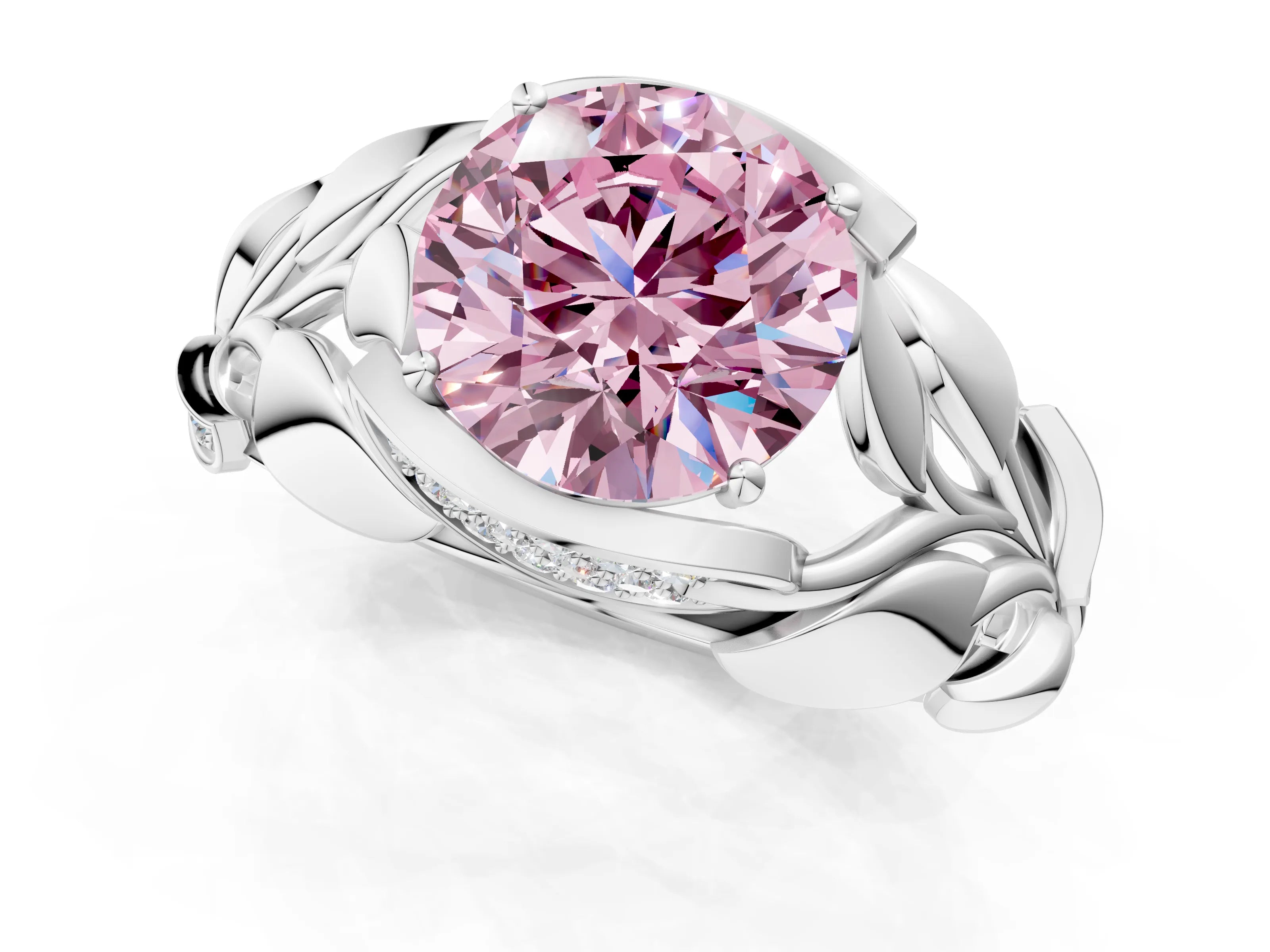 White gold Fancy Pink Round Cut Solitaire Leaf-Inspired Engagement Ring with Prong Setting_1